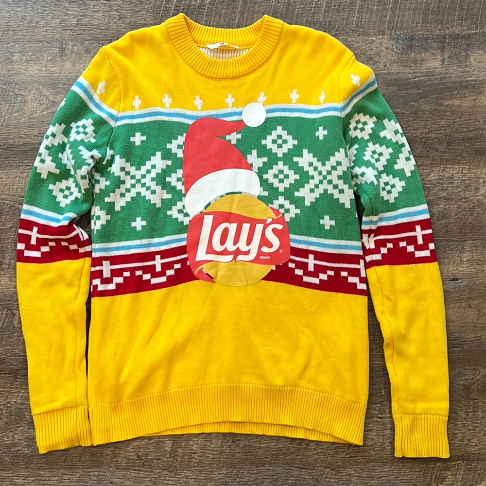 Lay’s Potato Chips Ugly Christmas Holiday Sweater. Yellow with Santa Hat.